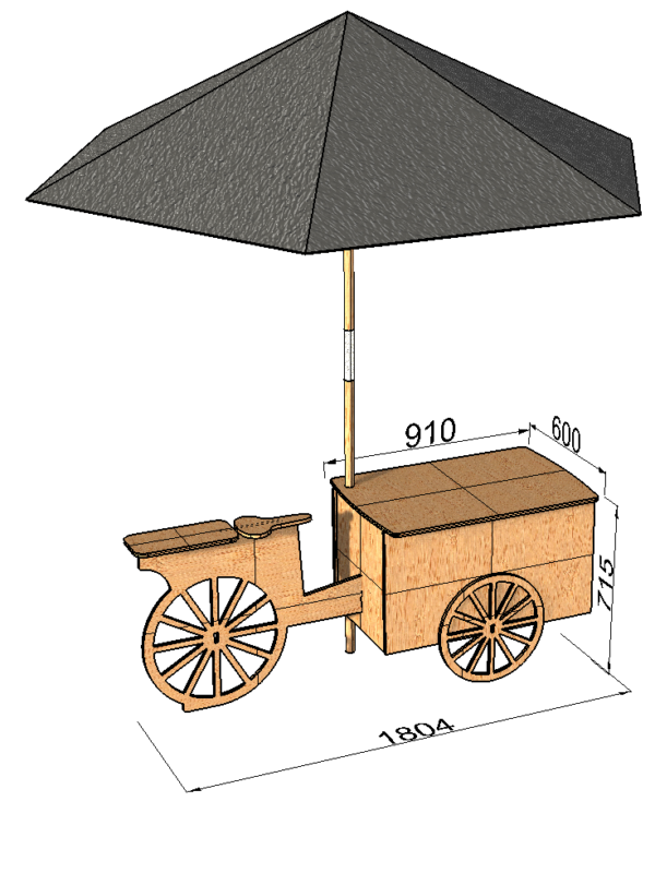 V5 Plywood Display vending tricycle. 2 working front wheels. ( under development)